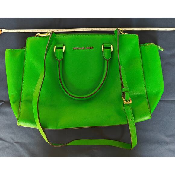 Michael Kors Leather Satchel – Kelly Green Tote/Crossbody, Gold Hardware - Picture 6 of 7